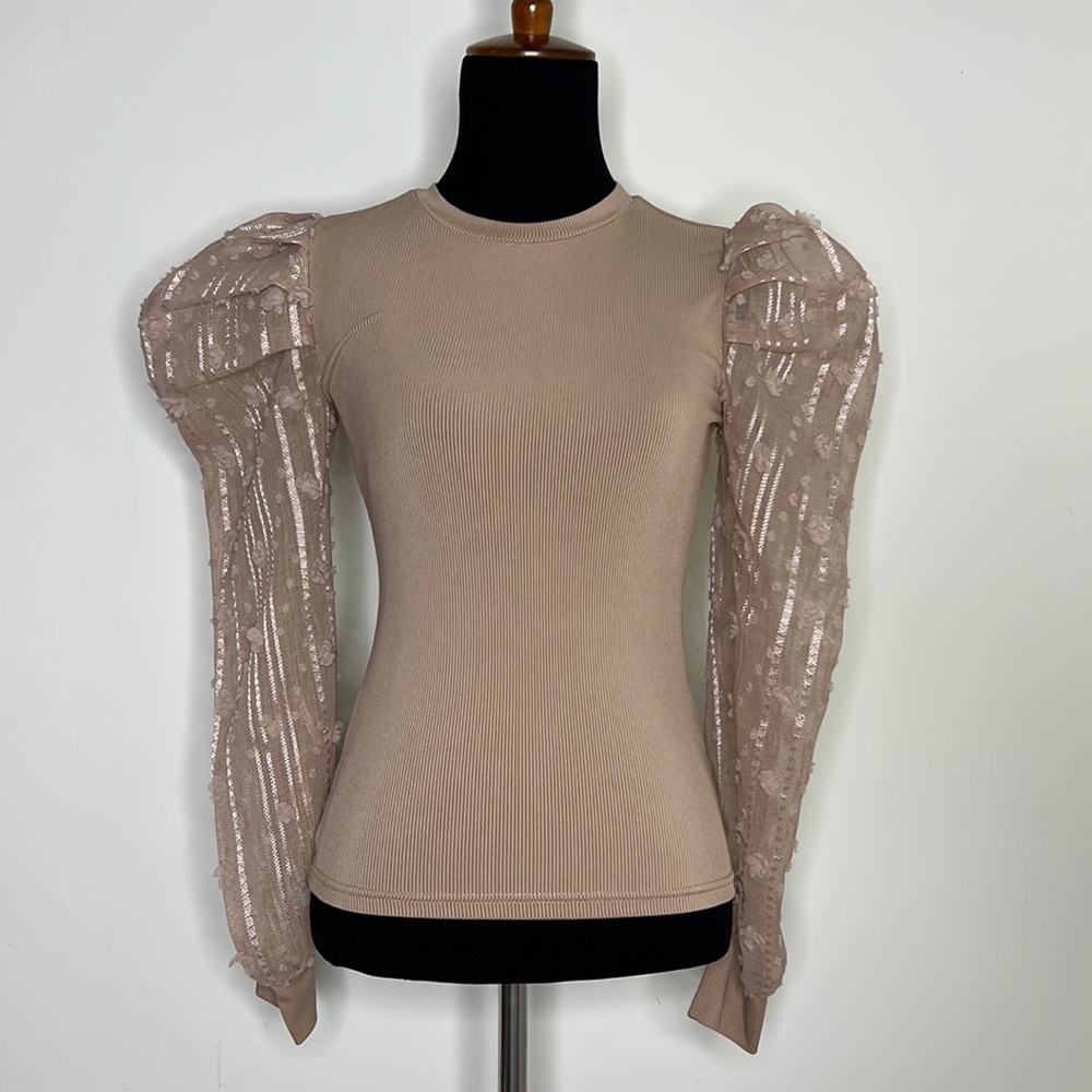 Shein Tan Poofed Sheer Arms Top S